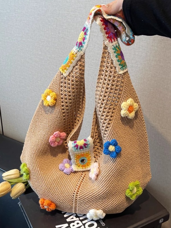 Floral Cotton Woven Tote Bag for Women - Large Capacity Shoulder Bag, Summer 2025 Lazy Style Vacation Accessory