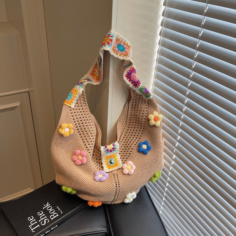 Floral Cotton Woven Tote Bag for Women - Large Capacity Shoulder Bag, Summer 2025 Lazy Style Vacation Accessory