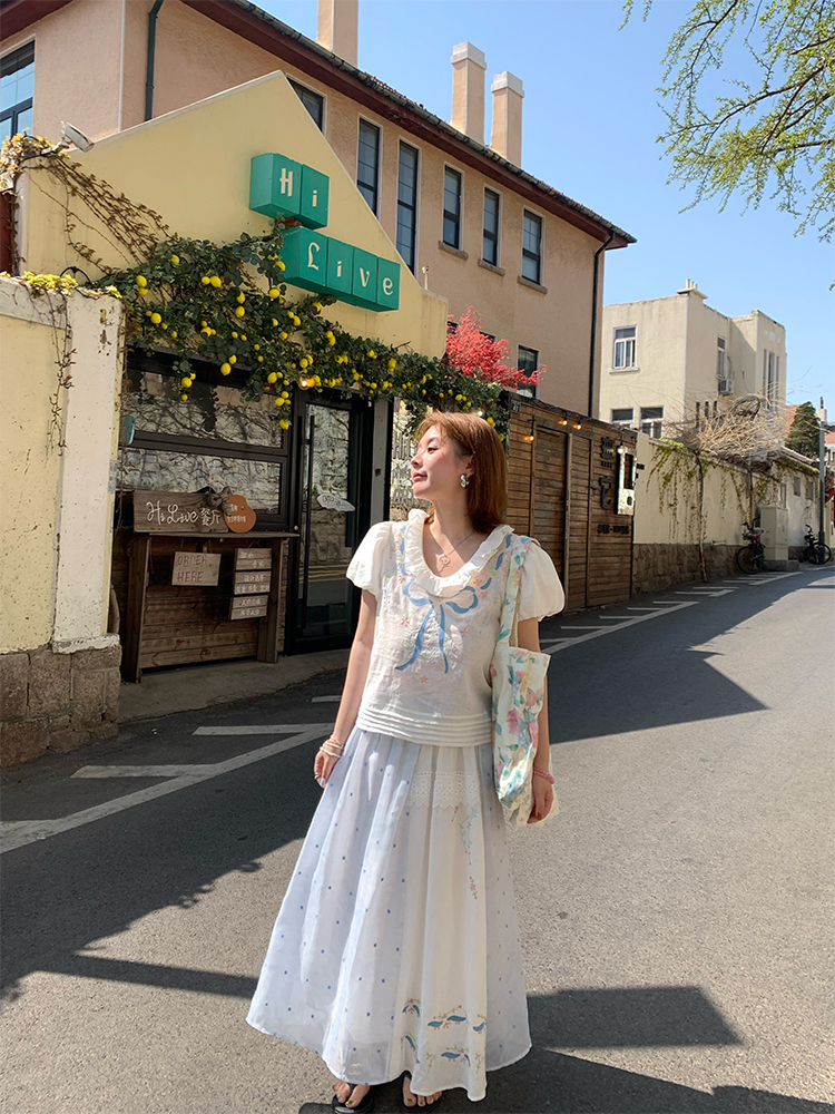 Floral Embroidery Linen Short Sleeve Shirt and Skirt Set for Women - Vintage Summer Outfit, Loose Fit, Boho Style