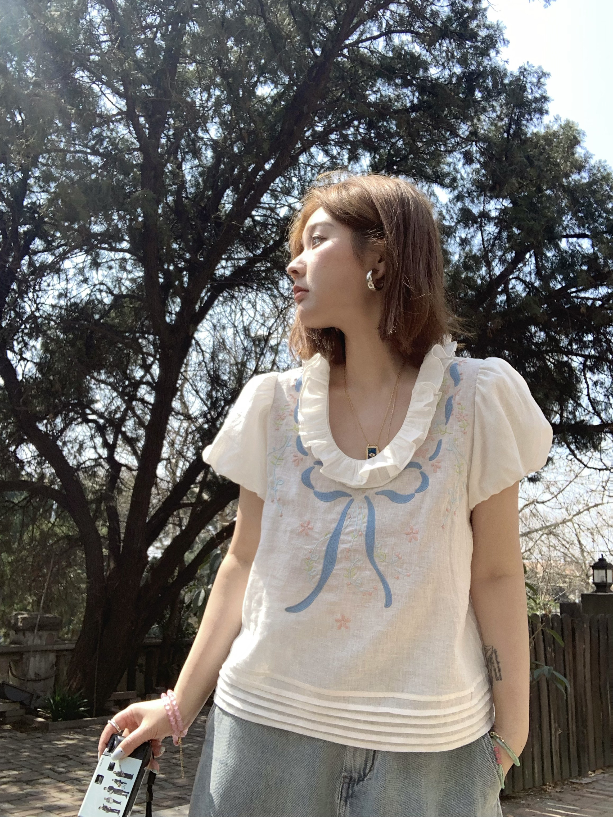 Floral Embroidery Linen Short Sleeve Shirt and Skirt Set for Women - Vintage Summer Outfit, Loose Fit, Boho Style