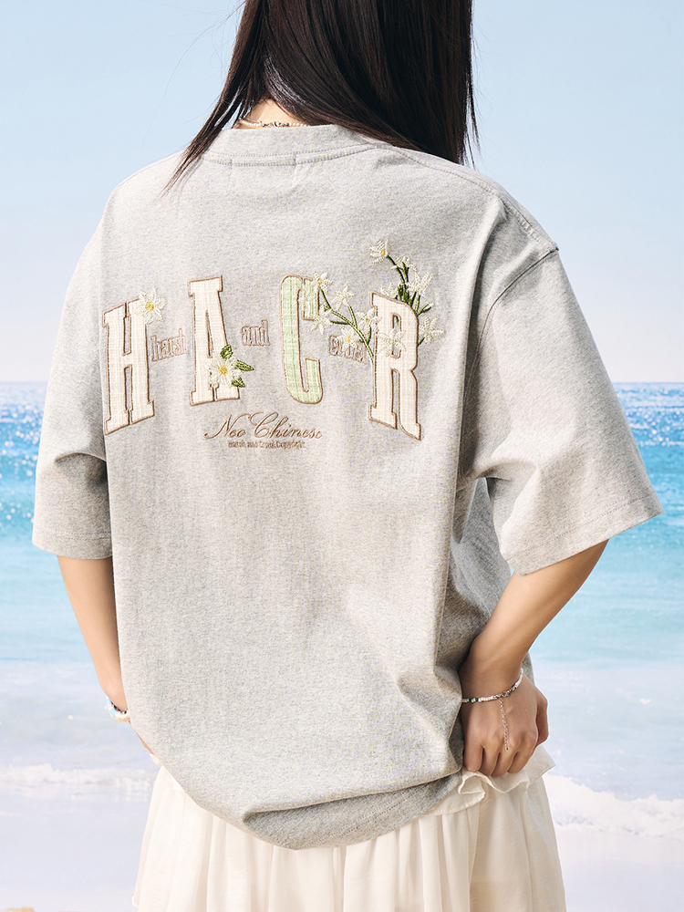 Floral Embroidery Patch Couple Loose Short Sleeve T-Shirt - 2025 Summer Style, Y2K Inspired Fashion for Trendy Looks