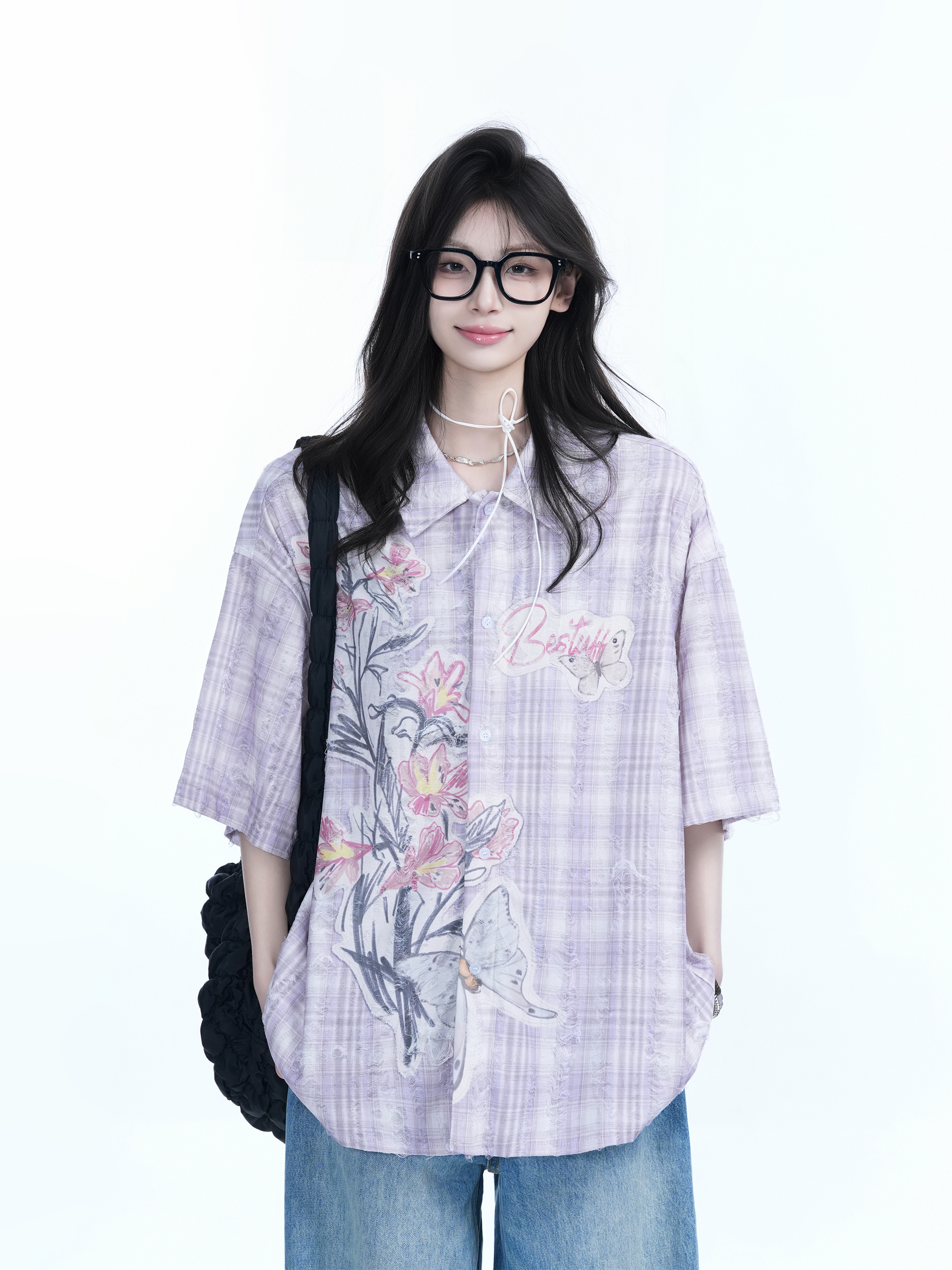 Floral Embroidery Pink Purple Checkered Short Sleeve Shirt for Women - Trendy Loose Fit, National Style, Perfect for Y2K Fashion