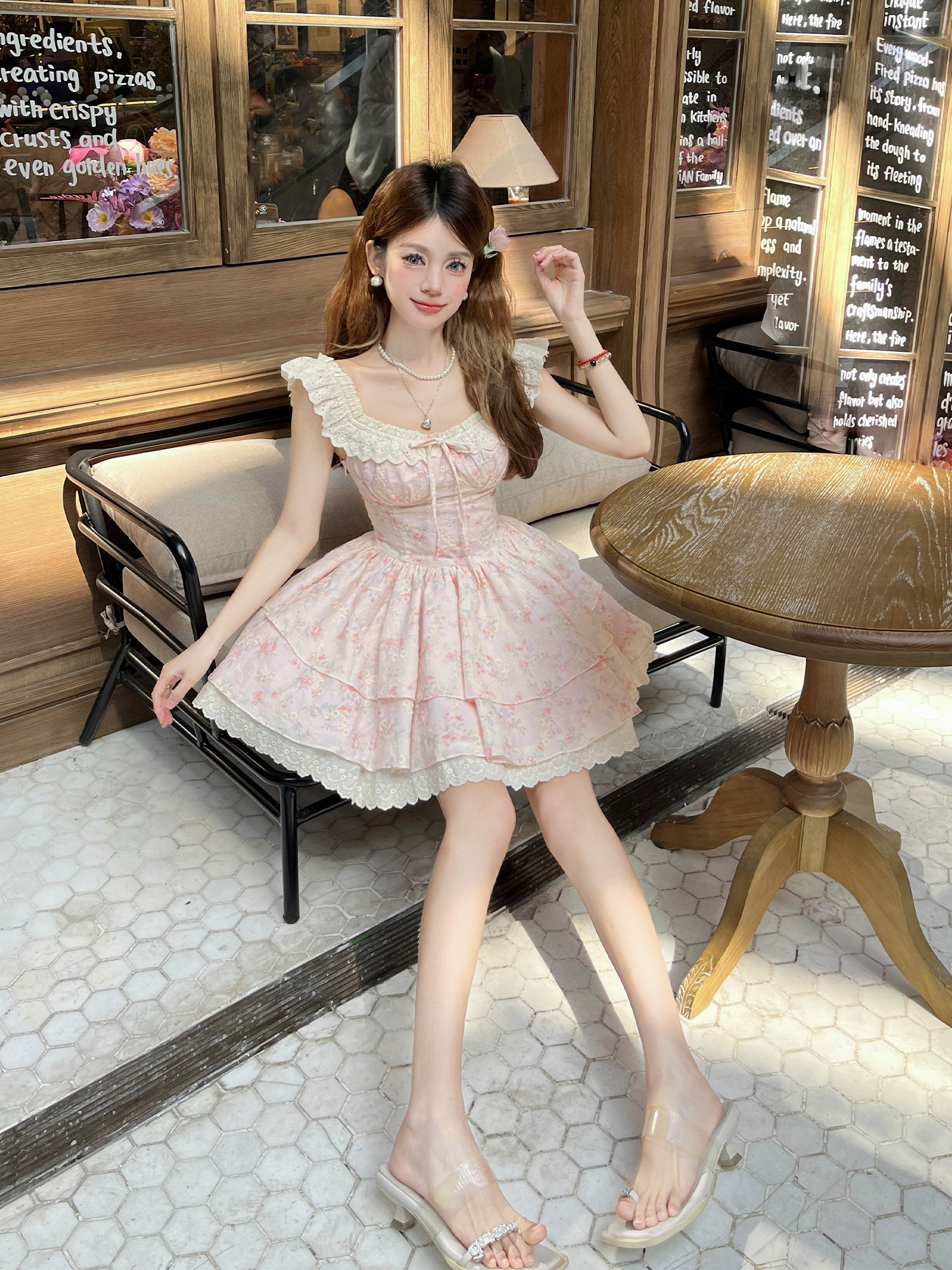 Floral Feather Flutter Sleeve Waist-Defined Short Dress in Cherry Weave - Sweet Summer Style for 90s and Y2K Fashion Lovers