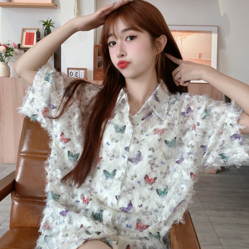 Floral Hawaiian Beach Shirt for Women, Printed Short-Sleeve Top with 3D Tassels, Loose Fit Trendy Summer Style