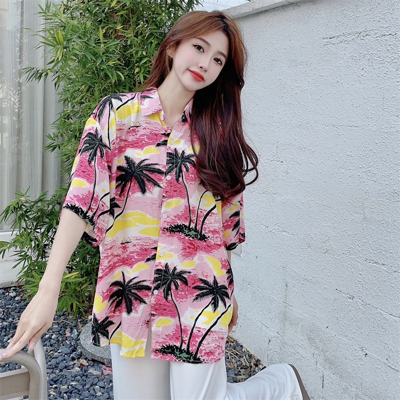 Floral Hawaiian Short Sleeve Shirt for Women - Casual Loose Cotton Silk Blouse, Versatile Beachwear Top, Summer Style