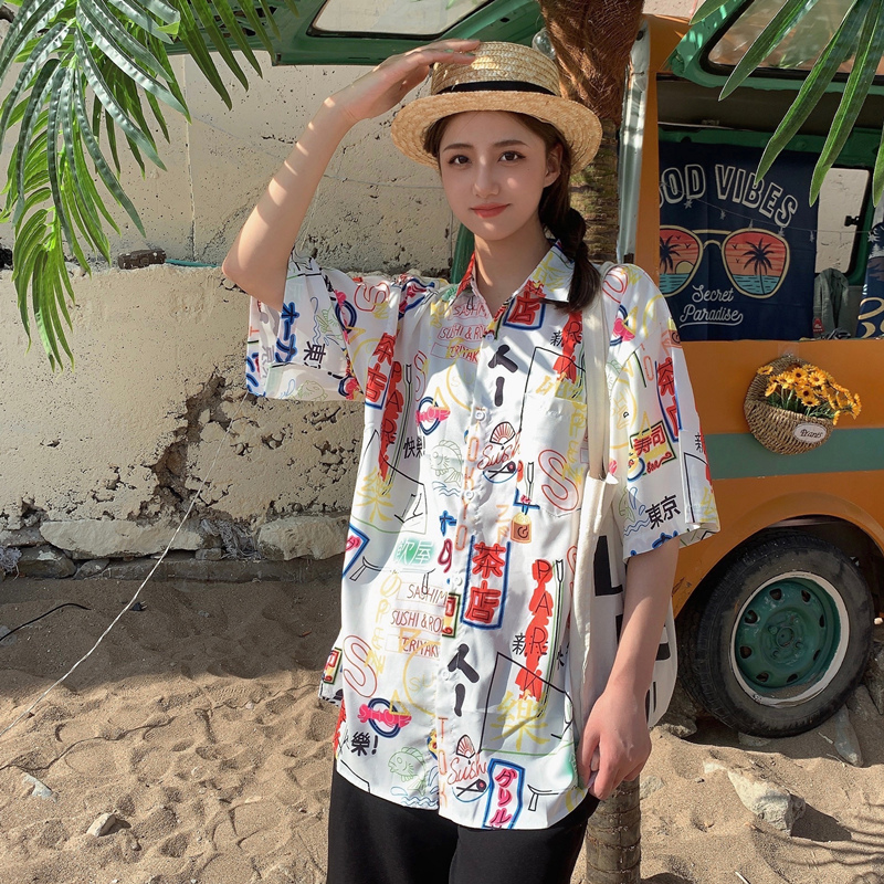 Floral Hawaiian Short Sleeve Shirt for Women, Loose Hong Kong Style Top, Unique Beachwear, Trendy Summer Fashion