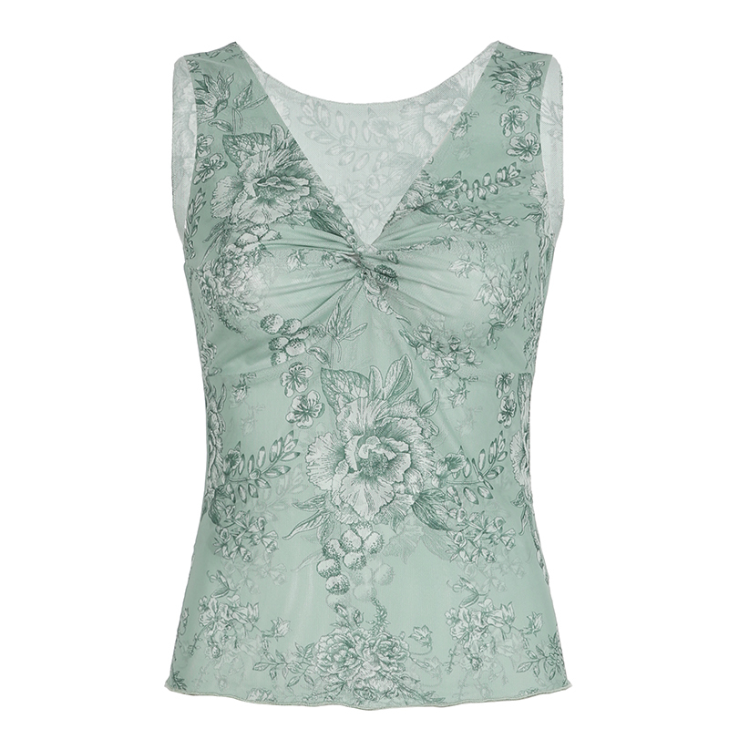 Floral Knotted Vest for Women - Slim Fit Wide Strap Mesh Camisole - Summer Forest Style Top