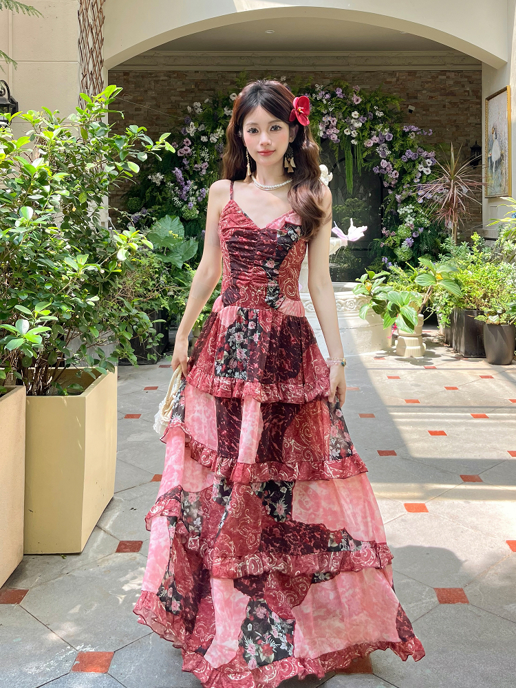 Floral Lace Spaghetti Strap Dress - Thai-Inspired Summer Vacation Beach Dress for a 90s Boho Look