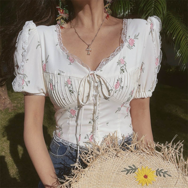 Floral Lace Trim Puff Sleeve Top - DIY 2025 Spring/Summer French Romantic Style, Waist-Cinched, Short Sleeve