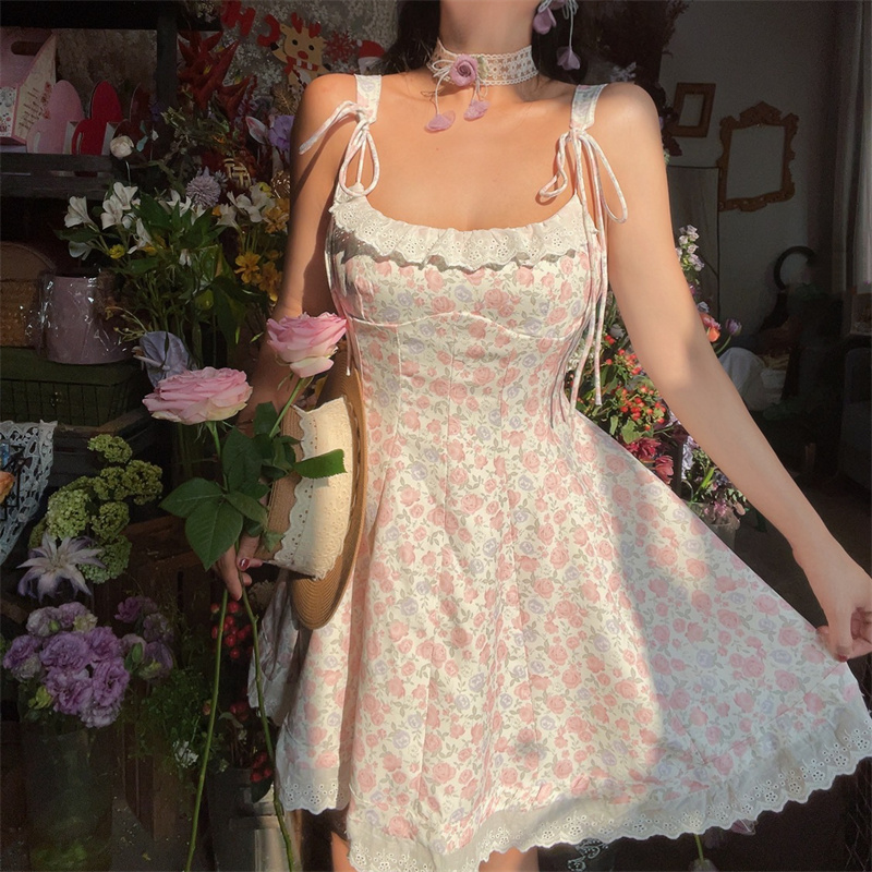 Floral Lace Trim Tie Strap Camisole Dress – Handmade Spring Summer Fairy Style Vacation Dress with Australian Niche Design