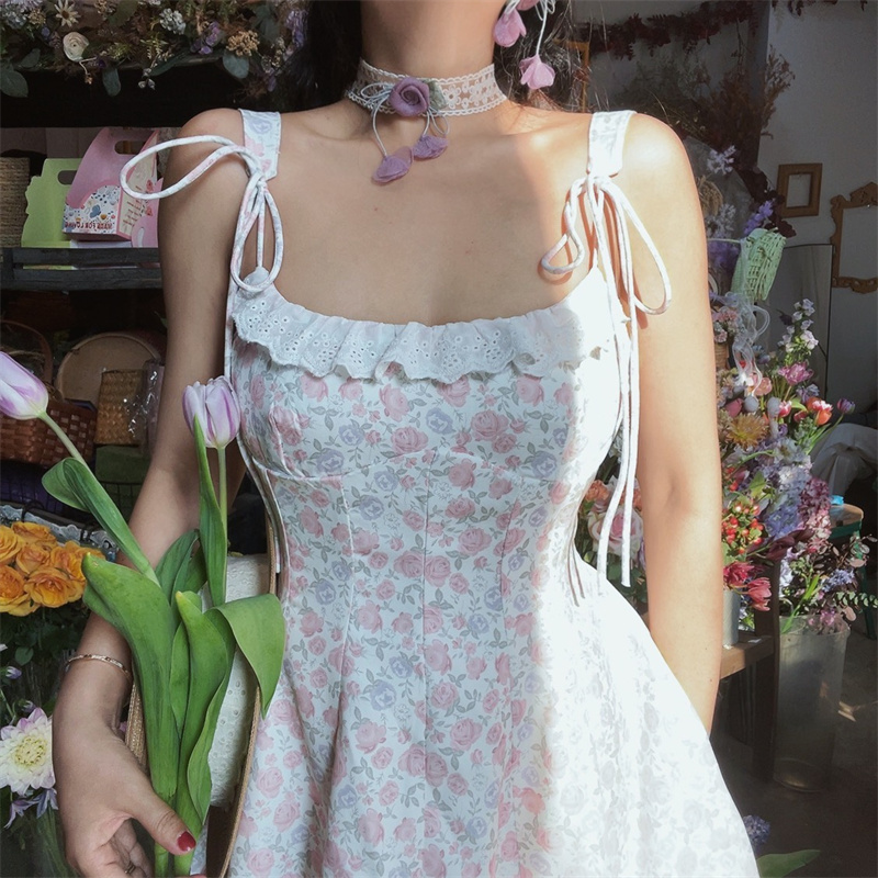 Floral Lace Trim Tie Strap Camisole Dress – Handmade Spring Summer Fairy Style Vacation Dress with Australian Niche Design