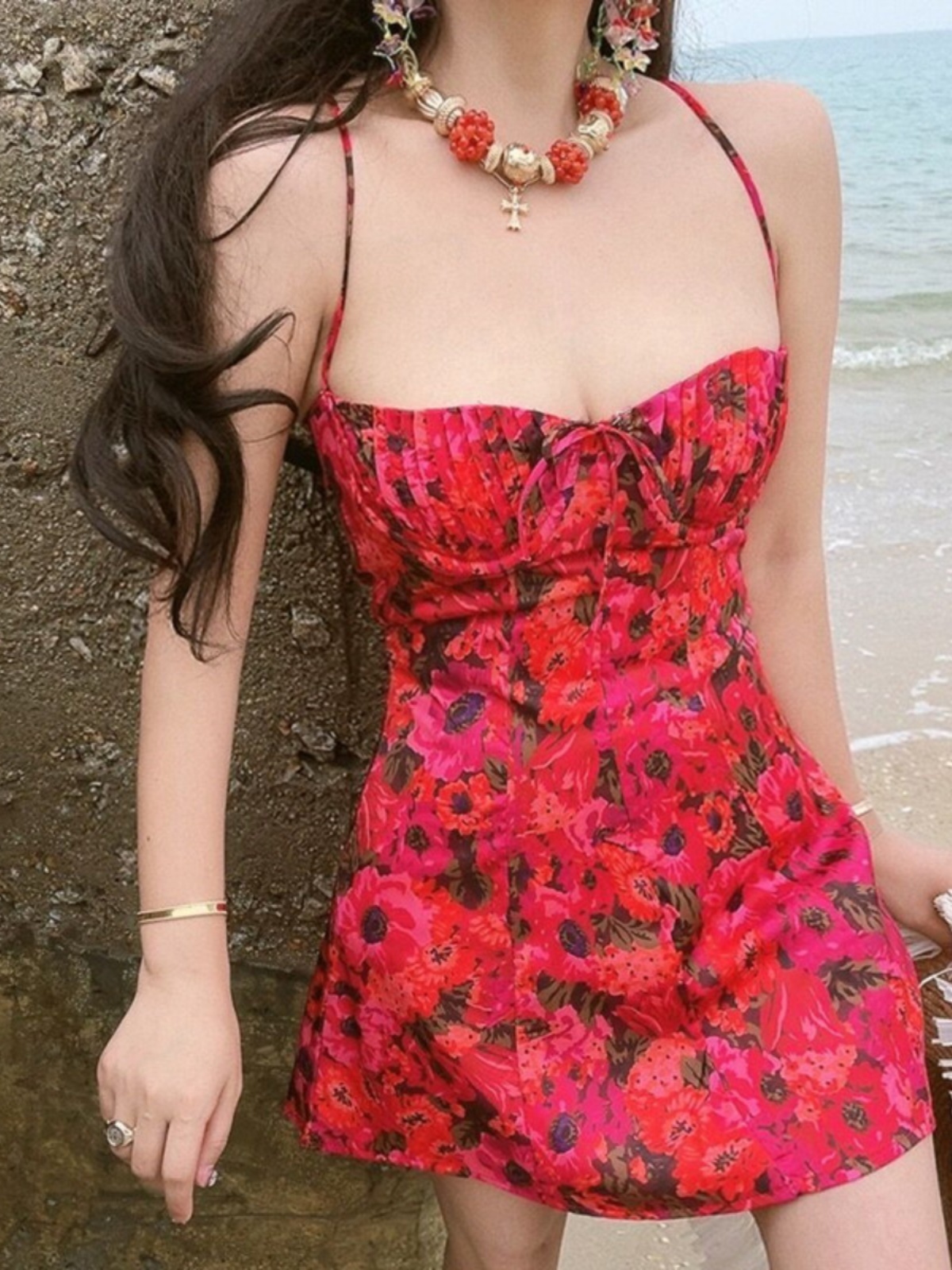 Floral Lace-Up Camisole and Short Skirt Set - 2024 Spring/Summer American Retro Court Style Vacation Outfit