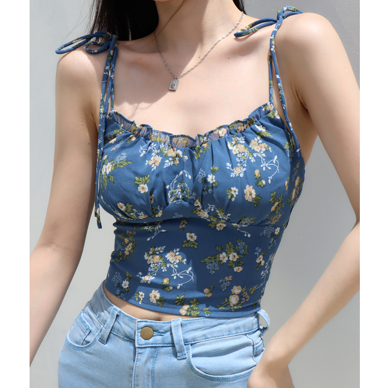 Floral Lace-Up Camisole for Women, Fresh Girl Style, Slim Fit, Elastic Pleats, Flattering Design, Y2K Fashion