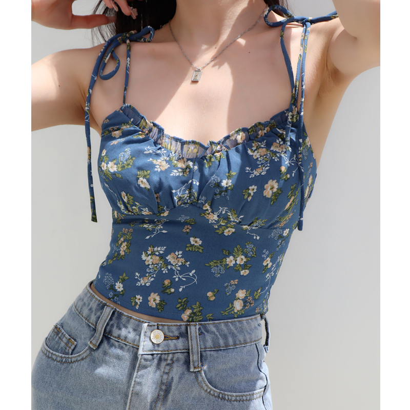 Floral Lace-Up Camisole for Women, Fresh Girl Style, Slim Fit, Elastic Pleats, Flattering Design, Y2K Fashion