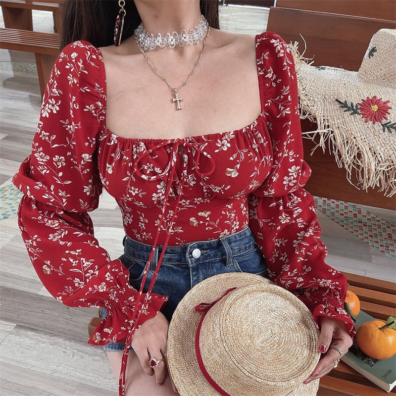 Floral Lantern Sleeve Shirt with Square Neck, Drawstring Waist - Handmade, Vacation Ready for Spring/Summer 2025