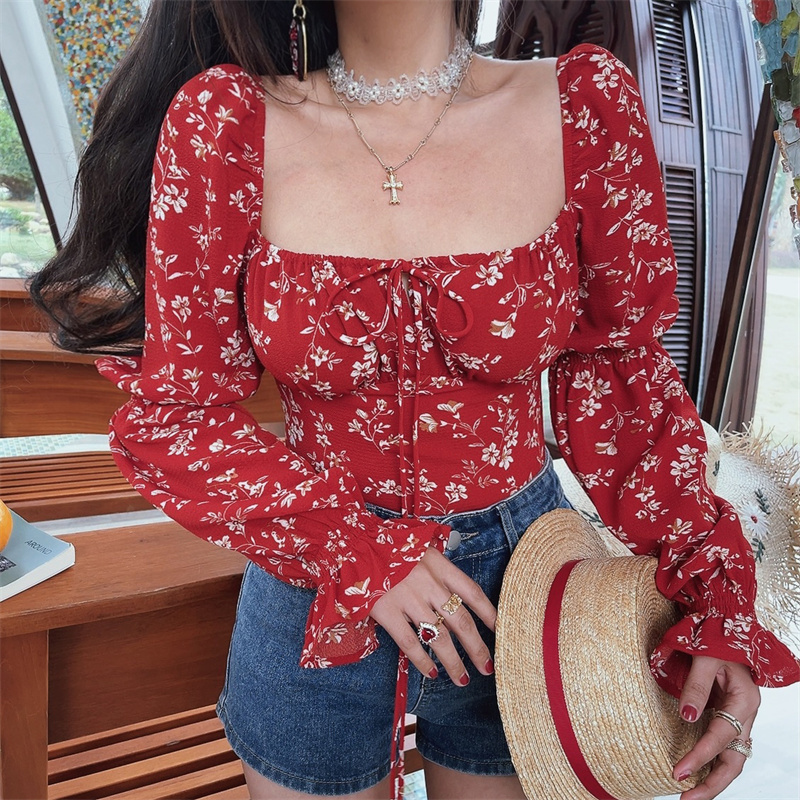 Floral Lantern Sleeve Shirt with Square Neck, Drawstring Waist - Handmade, Vacation Ready for Spring/Summer 2025