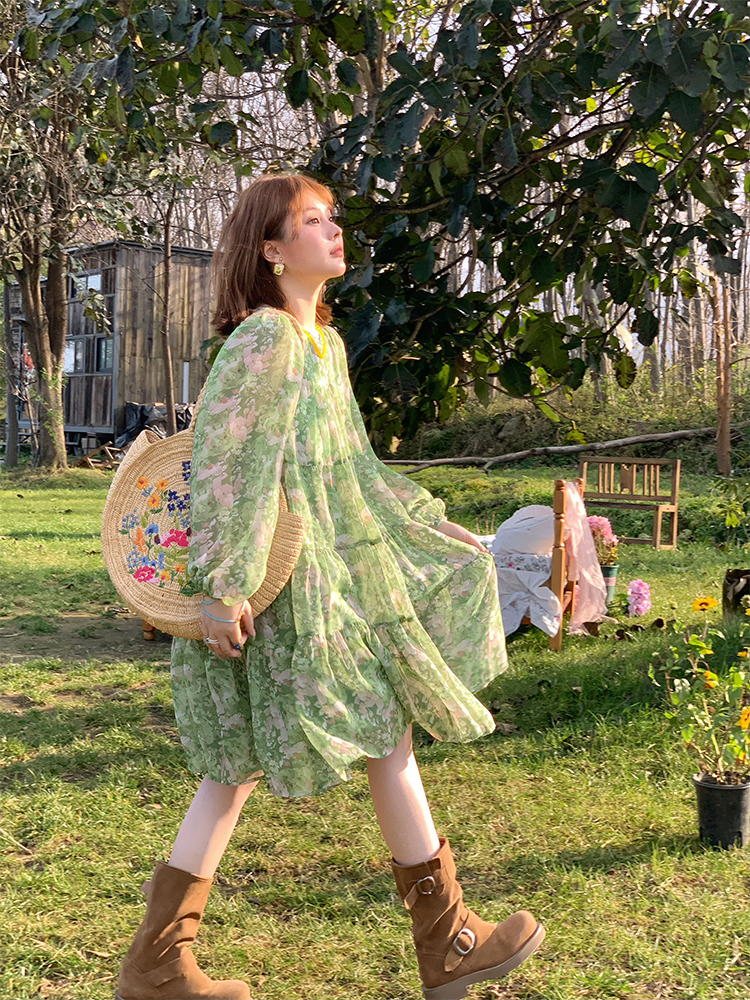 Floral Long Sleeve Chiffon Dress for Women - Spring Loose Puff Sleeve Cake Dress, Vintage Flower Dance Style, Perfect for Spring Events
