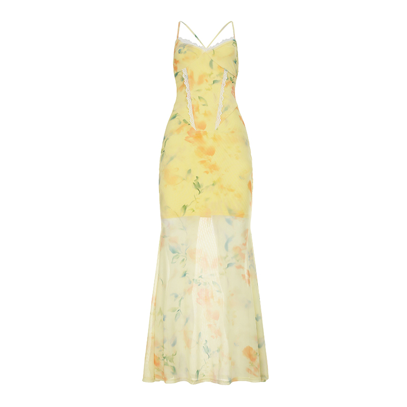 Floral Mesh Mermaid Long Dress - Women's Lace V-Neck, Fishbone Waist-Cinching, Vacation Ready, South France Garden Style