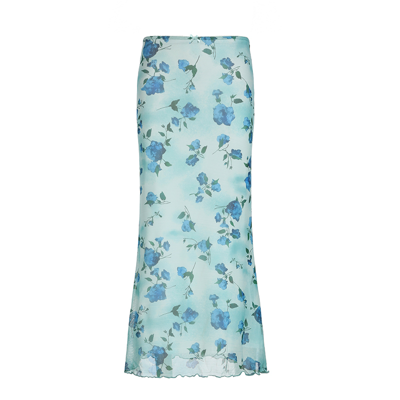 Floral Mesh Skirt Women's Low-Waist Slim-Fit Long Pants Vacation Style Summer Island Rose Fresh Mint Design
