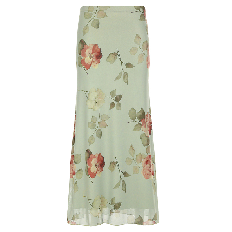Floral Mesh Straight Skirt - Women's Elegant Draped Midi Skirt in Green and Fresh, Chinese Style Rose Design