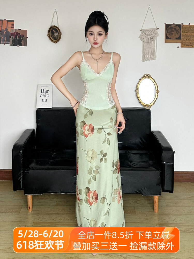 Floral Mesh Straight Skirt - Women's Elegant Draped Midi Skirt in Green and Fresh, Chinese Style Rose Design