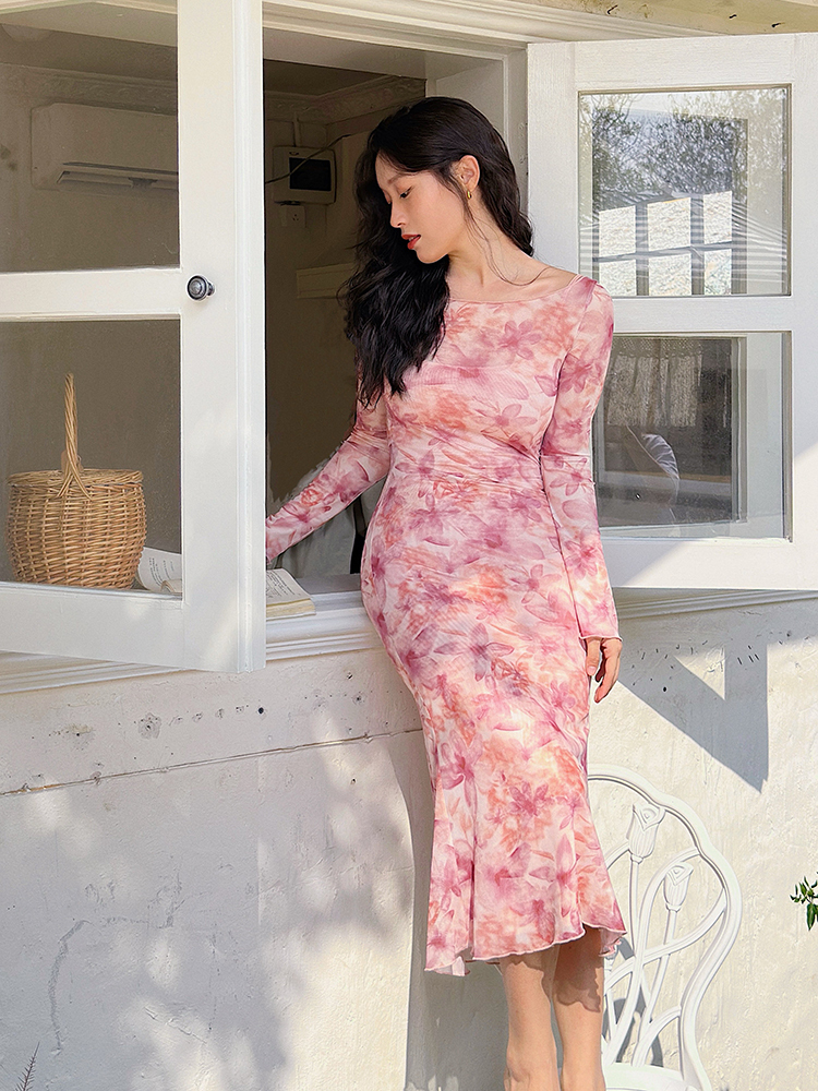 Floral Mesh Two-Piece Long Sleeve Bodycon Dress - Sexy Slim Fit with Long Skirt - Y2K Inspired Fashion