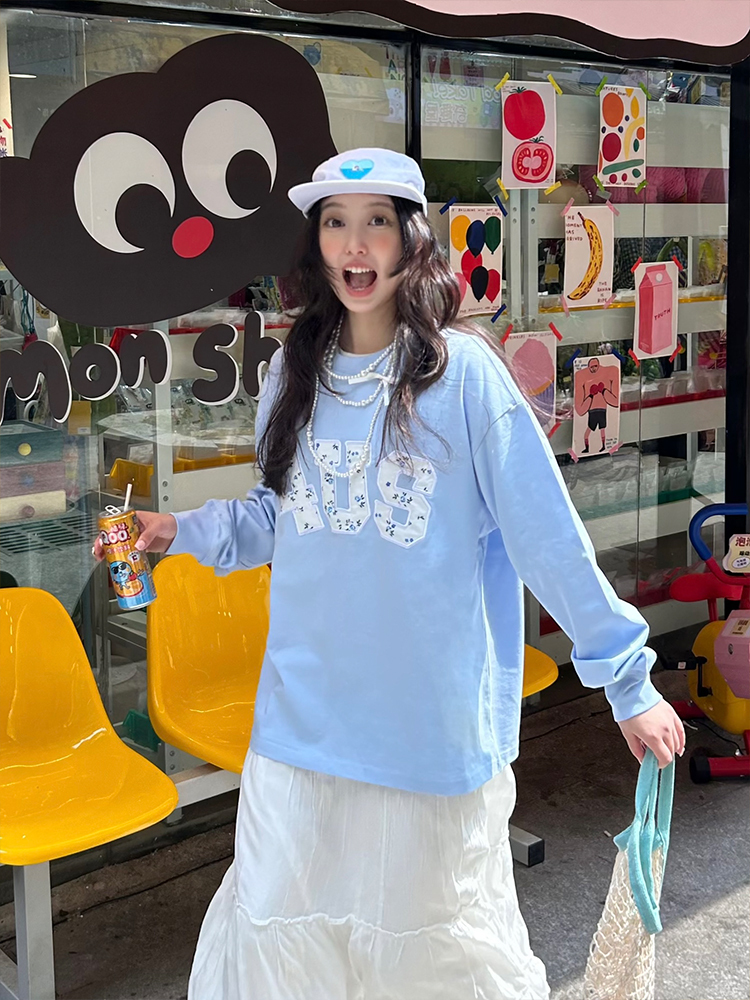 Floral Patchwork Embroidery Long Sleeve T-Shirt for Couples, National Trend, Loose Fit, Spring and Autumn Style