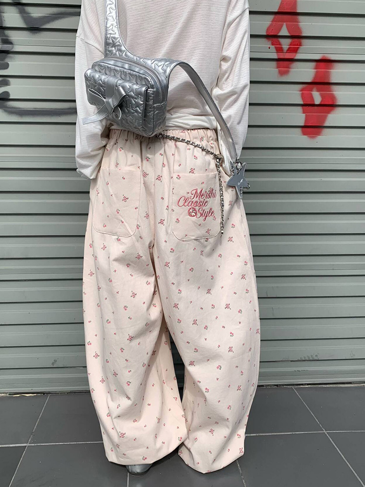 Floral Print High-Waisted Wide-Leg Pants for Men and Women, Casual Loose Straight Embroidered Trousers, Y2K American Style