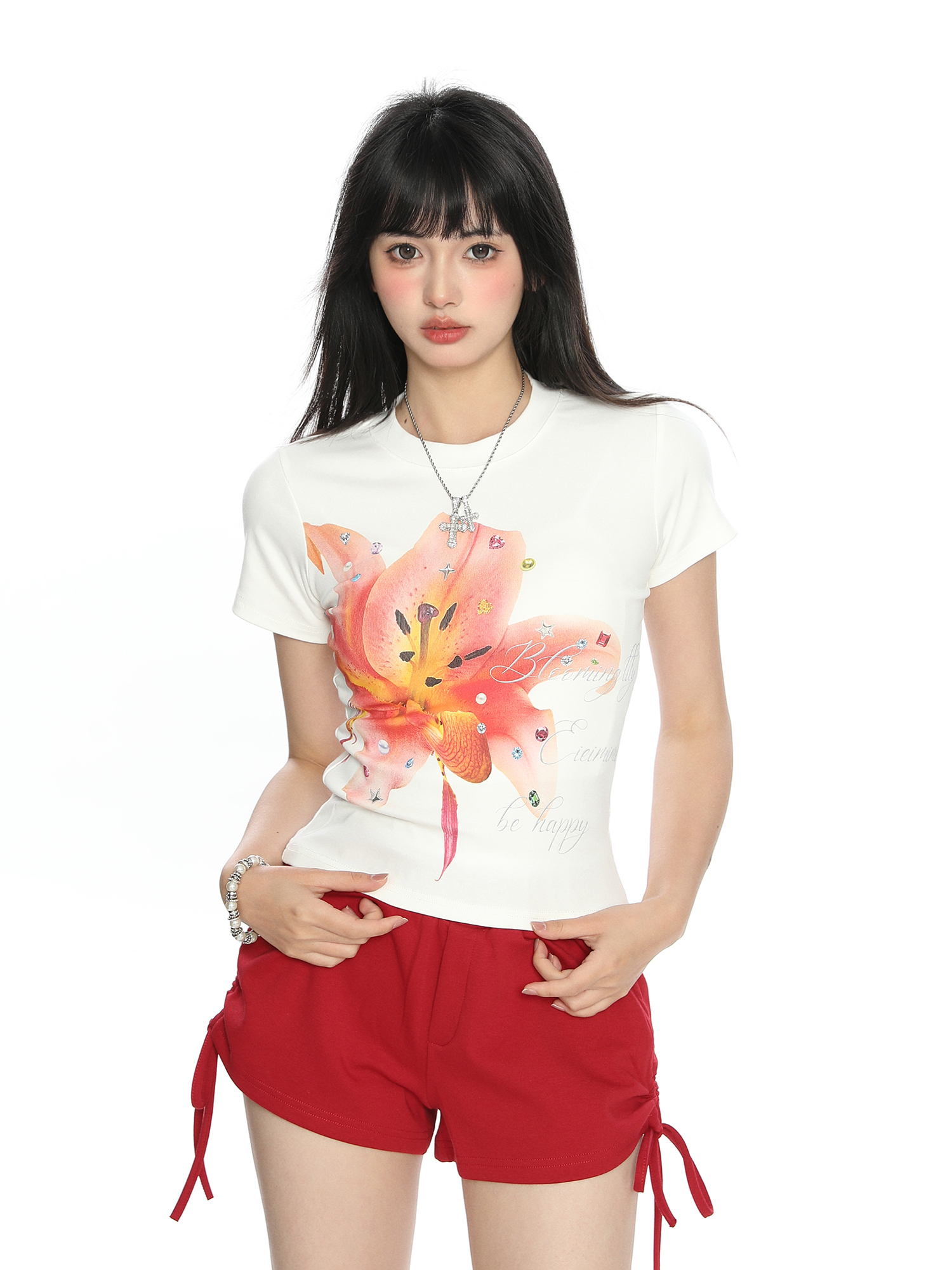 Floral Print Short-Sleeve T-Shirt for Women - Slim Fit Cropped Round Neck Summer Top - American Style Spicy Girl Fashion