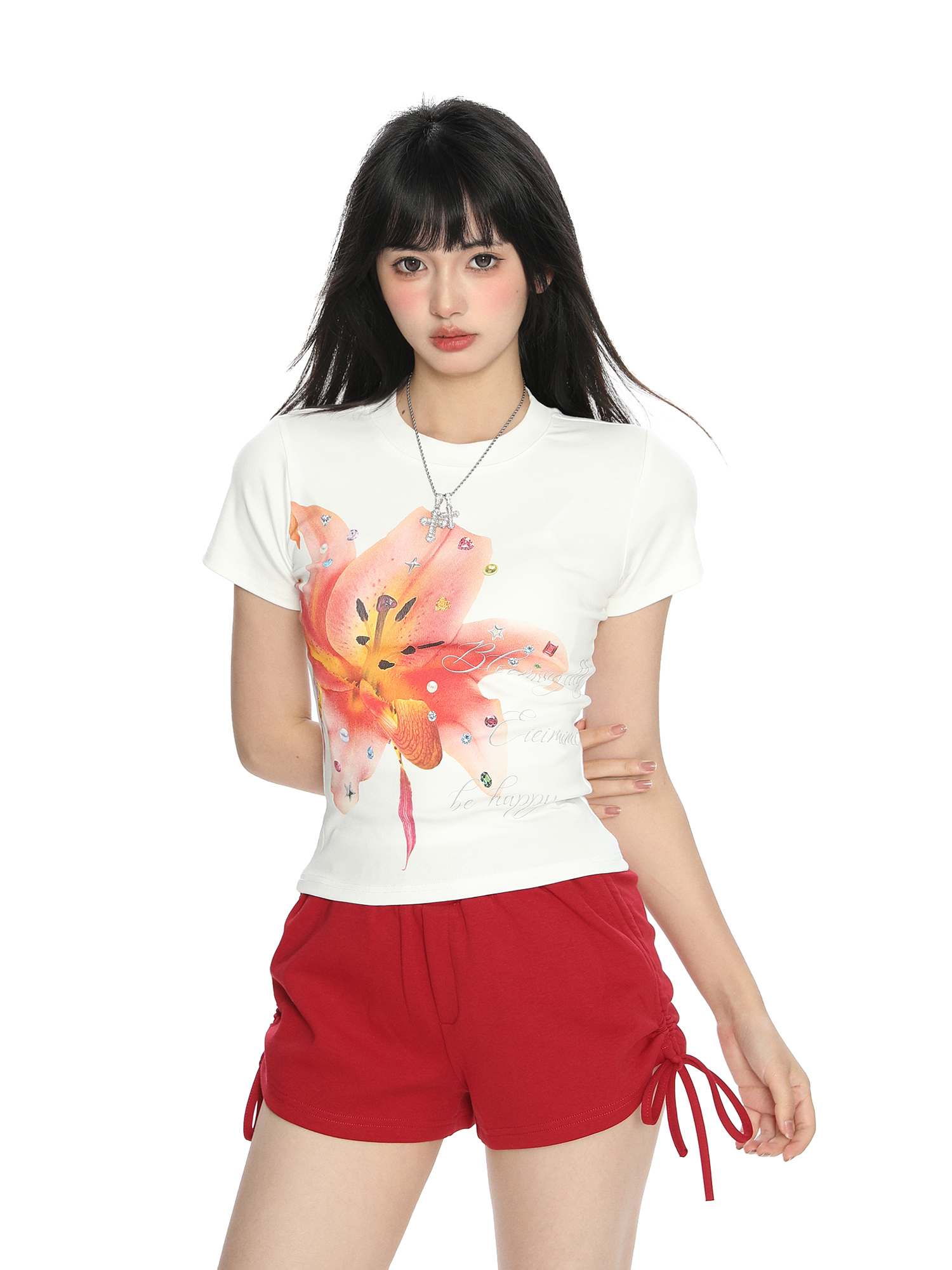 Floral Print Short-Sleeve T-Shirt for Women - Slim Fit Cropped Round Neck Summer Top - American Style Spicy Girl Fashion