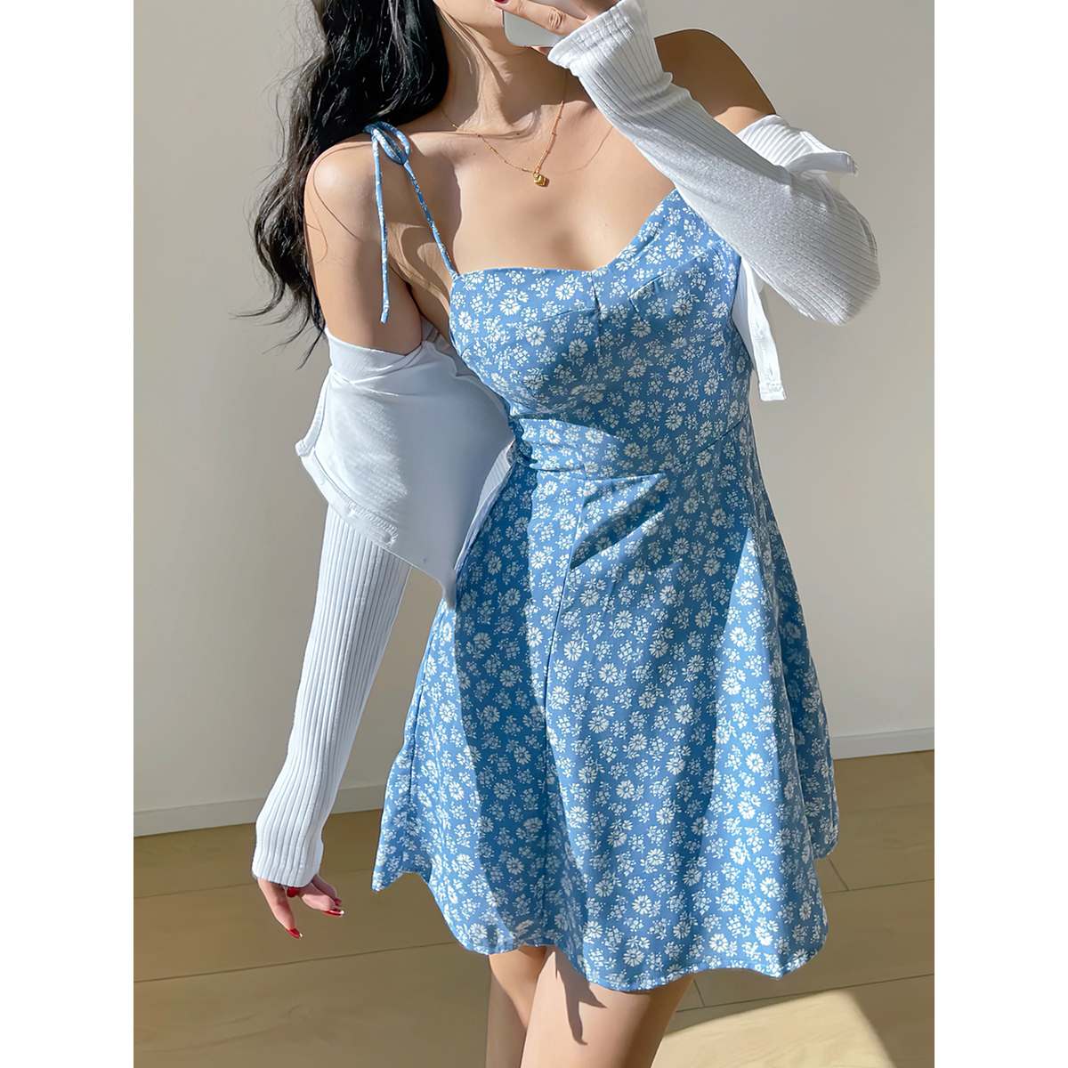 Floral Print Tie Strap Casual Dress - Short Skirt European American Style for Vacation, Summer, Beach, 90s Inspired Fashion