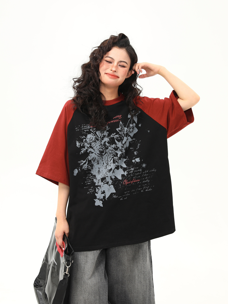 Floral Printed Color-Blocking Raglan Short Sleeve T-Shirt for Women - Trendy Summer Loose Fit American Retro Style Tee