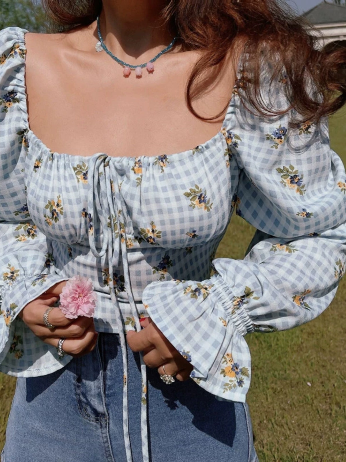 Floral Puff Sleeve Crop Top Shirt with Square Neck - Vintage French Style for Spring Summer Vacation Fashion