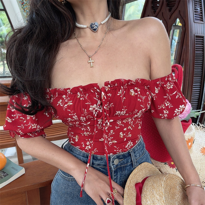 Floral Puff Sleeve Top with Square Neck and Drawstring Waist - Spring/Summer 2025 Vacation Style, Perfect for 90s and Y2K Fashion