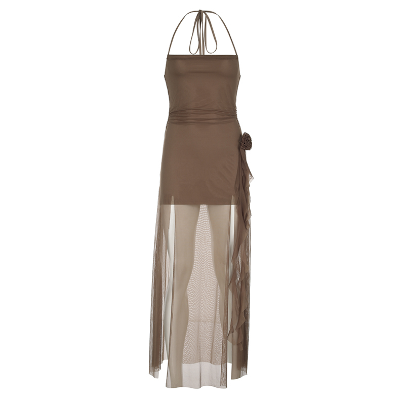 Floral Ribbon Split Hem Backless Halter Camisole Dress with Sheer Mesh Splicing - Y2K Style Long Skirt