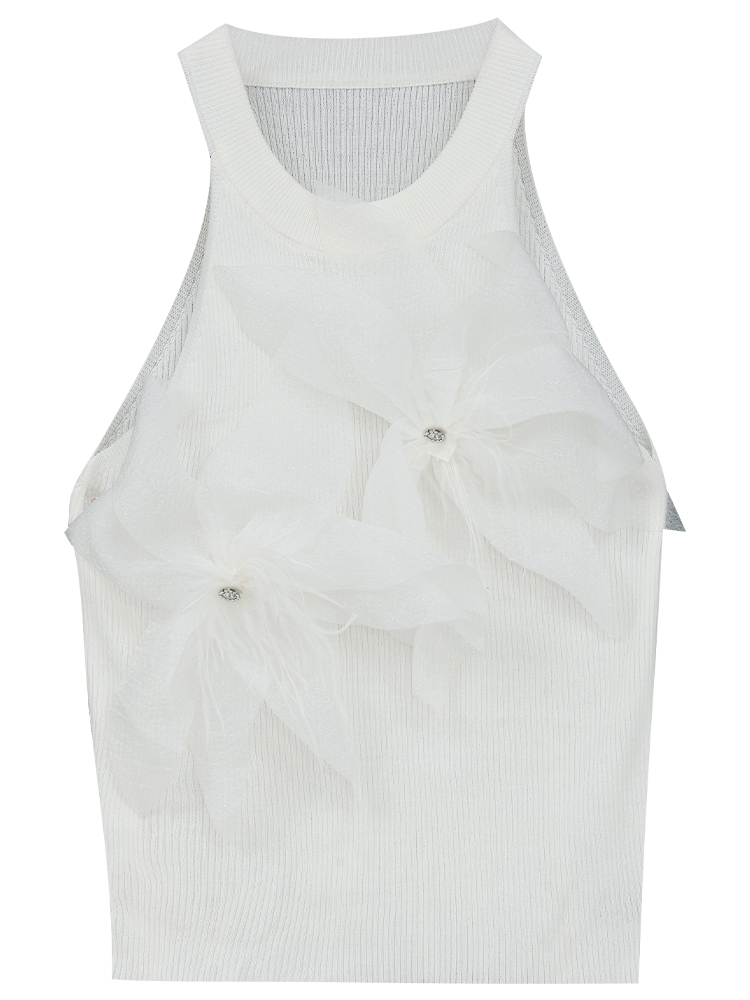 Floral Round Neck Sleeveless Knit Top for Women - Slim Fit Summer Essential, Versatile Style, Perfect for 90s and Y2K Fashion