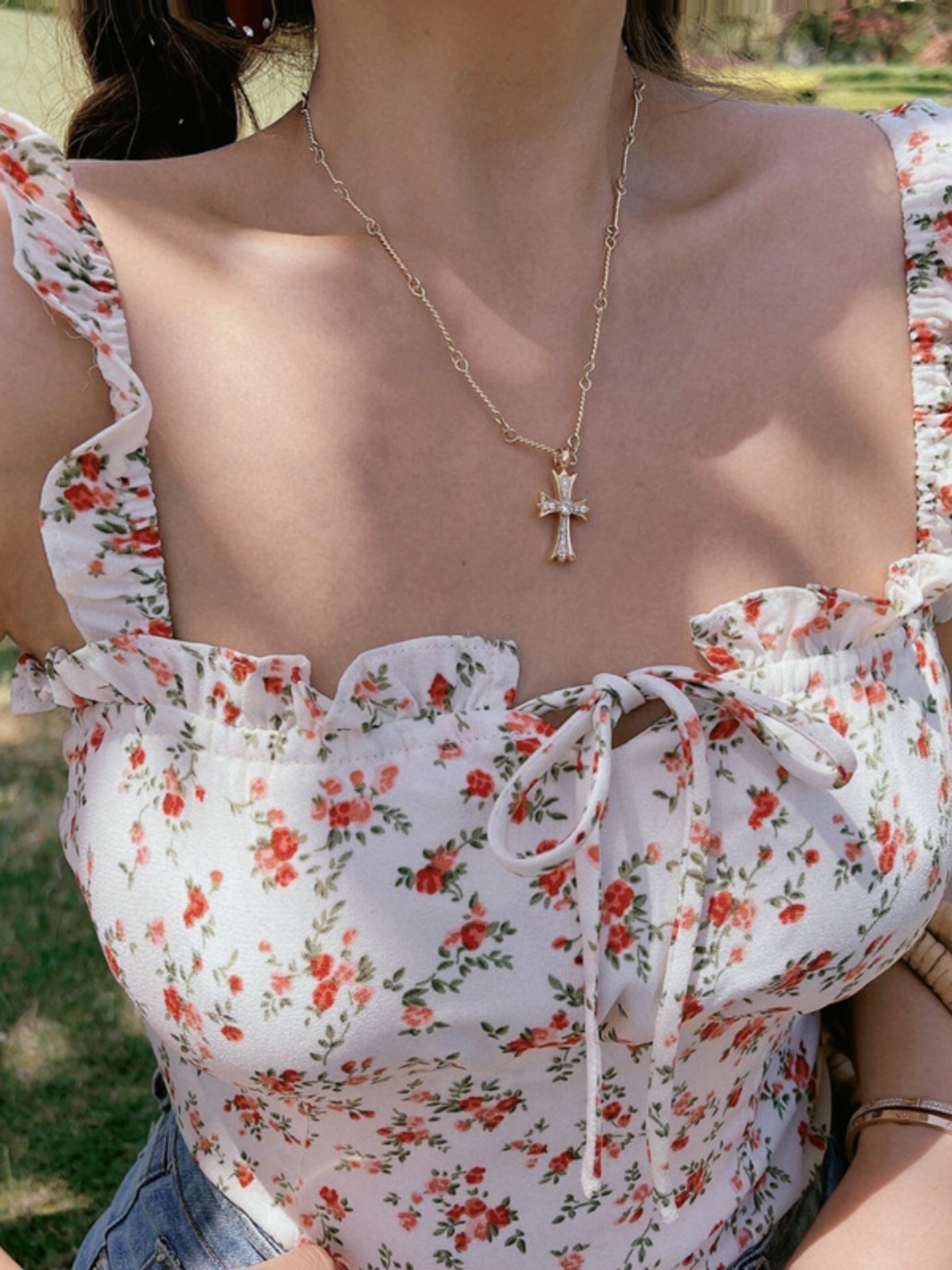 Floral Ruffle Tie-Up Camisole Top for Women - French Vintage Style, 2025 Spring/Summer Fashion, Perfect for Y2K and Korean Style Looks
