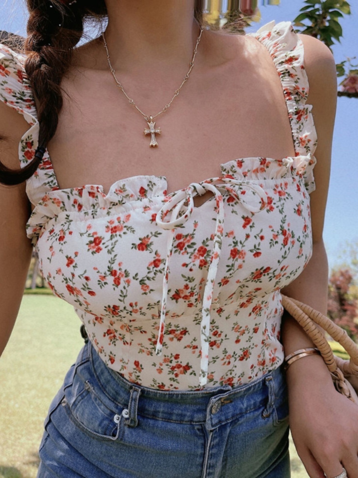 Floral Ruffle Tie-Up Camisole Top for Women - French Vintage Style, 2025 Spring/Summer Fashion, Perfect for Y2K and Korean Style Looks