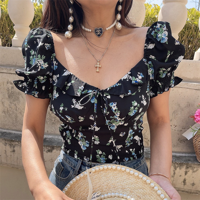 Floral Ruffled Puff Sleeve Tie Short-Sleeve Shirt - 2025 Spring/Summer Vacation Top