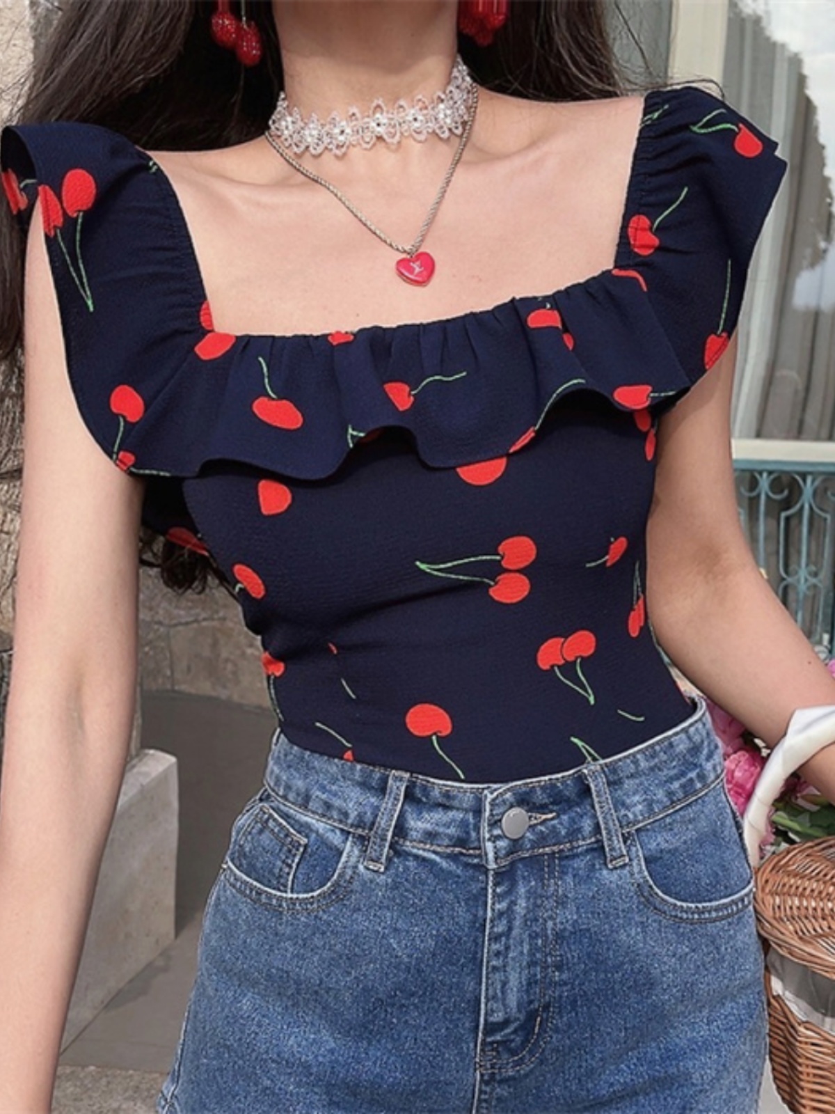 Floral Ruffled Square Neck Cami Top for Women - Handmade Vintage French Style - Spring/Summer 2024 Vacation Fashion