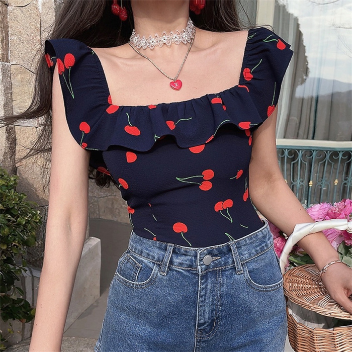Floral Ruffled Square Neck Cami Top for Women - Handmade Vintage French Style - Spring/Summer 2024 Vacation Fashion