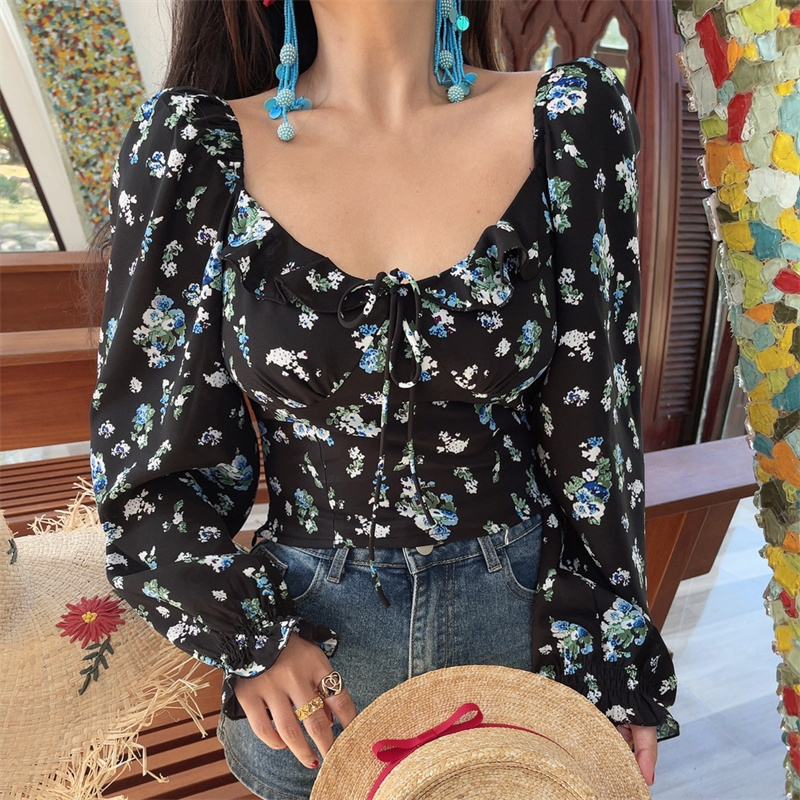 Floral Ruffled Square Neck Lantern Sleeve Crop Top - 2025 Spring/Summer Vacation Style, Y2K Inspired Fashion
