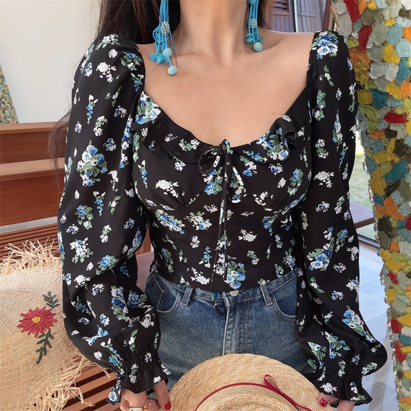 Floral Ruffled Square Neck Lantern Sleeve Crop Top - 2025 Spring/Summer Vacation Style, Y2K Inspired Fashion