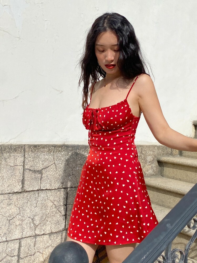 Floral Satin Heart Slip Dress for Women - Sexy Acetic Design, Summer Style, Perfect for Y2K and French Fashion Lovers