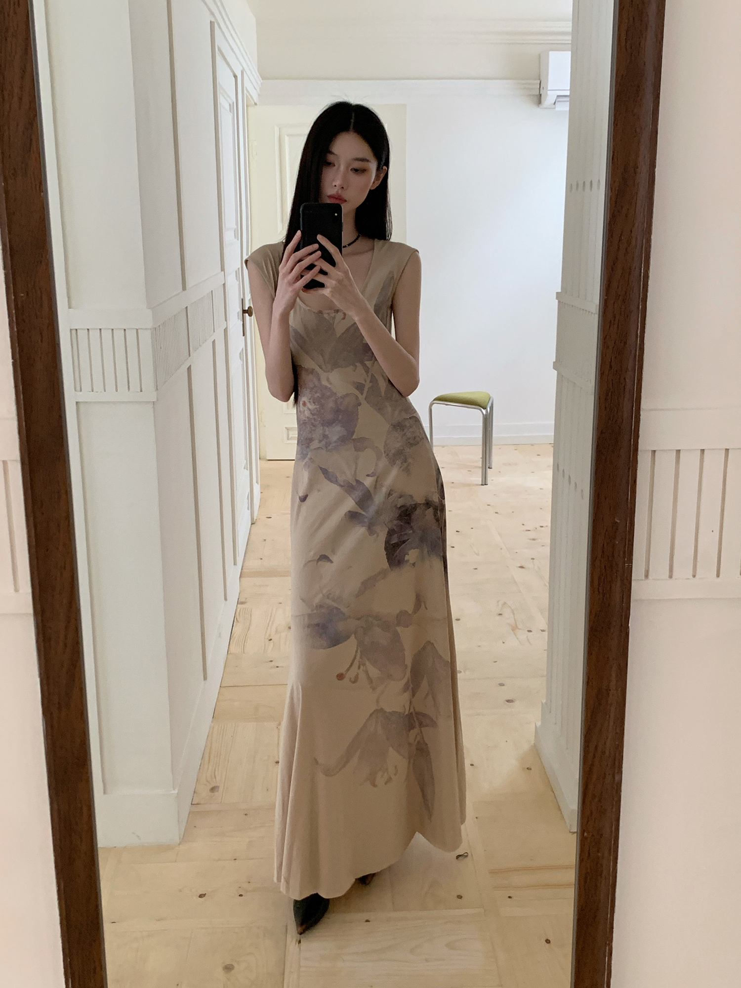 Floral Shadow Print Cotton Dress - Elegant Chinese Design for Spring & Summer - Perfect for 90s & Y2K Inspired Fashion