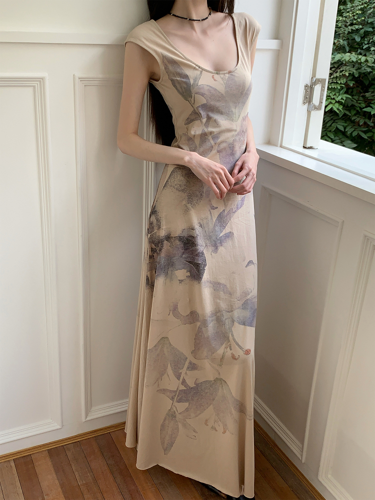 Floral Shadow Print Cotton Dress - Elegant Chinese Design for Spring & Summer - Perfect for 90s & Y2K Inspired Fashion
