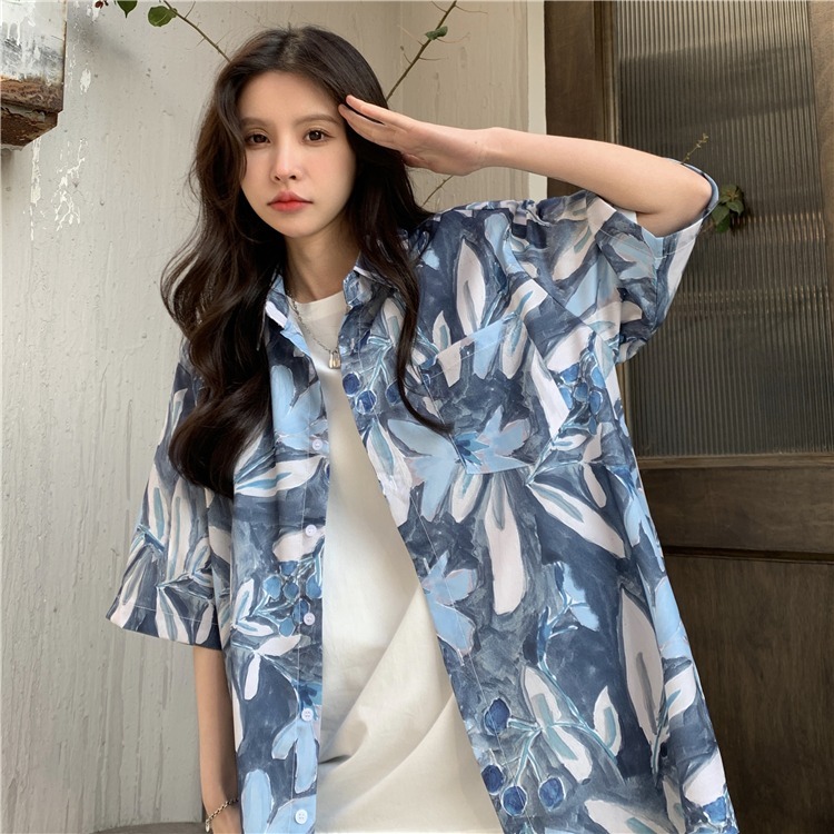 Floral Short Sleeve Shirt for Women - 2025 Summer Beach Hawaiian Vintage Loose Top in Hong Kong Style