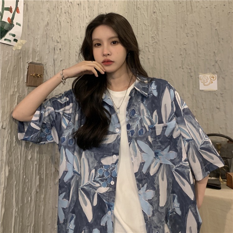 Floral Short Sleeve Shirt for Women - 2025 Summer Beach Hawaiian Vintage Loose Top in Hong Kong Style