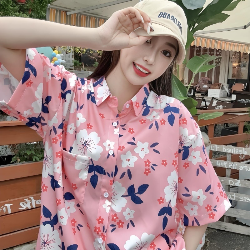 Floral Short Sleeve Shirt for Women - Loose Casual Hawaiian Beach Blouse in Ice Silk - Trendy Summer Top for Seaside Vacations