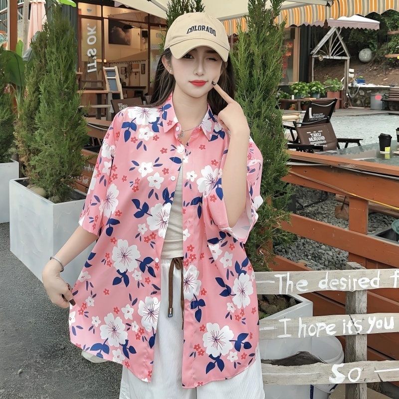 Floral Short Sleeve Shirt for Women - Loose Casual Hawaiian Beach Blouse in Ice Silk - Trendy Summer Top for Seaside Vacations